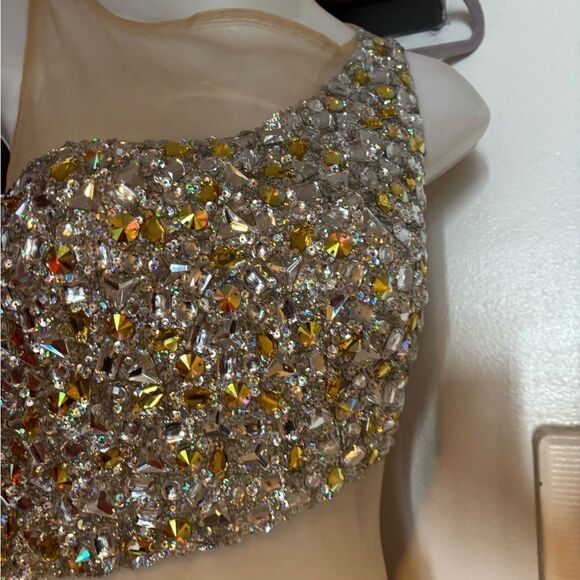 JOVANI Dress Formal Beaded Prom Sheer Nude Silver Illusion Mesh Gown rhinestone - Picture 8 of 10